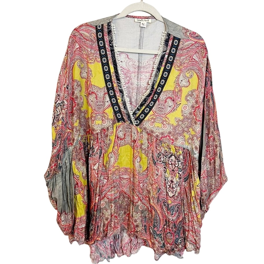 Cousin Earl Womens Paisley Mixed Print Kimono Top Yellow‎ Pink V-Neck M/L R6046